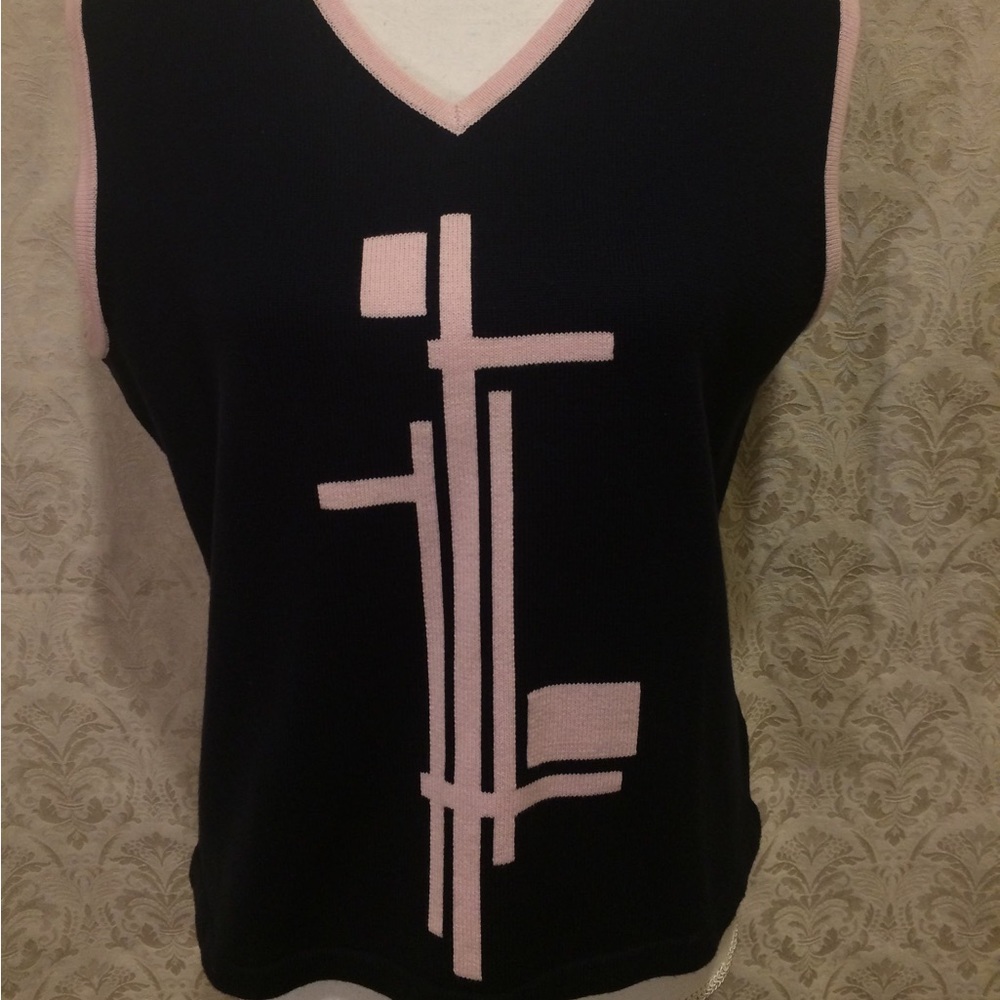 Bette & Court Ladies Sweater Vest M Black/Pink Geometric Golf Tennis Classy